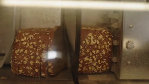 Fresh whole grain bread loaf with oat flakes moving through automatic slicing Stock Footage 334580273