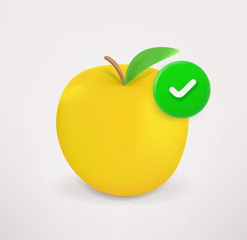 Fresh yellow apple icon with checkmark. 3d vector icon Stock Illustration