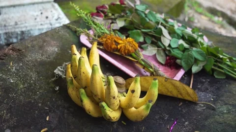 Fresh yellow bananas placed on a surface with marigold flowers and green leaves. Stock Footage 315841366