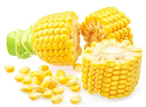 Fresh yellow corn on cob with kernels and leaves Stock Photos
