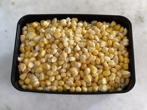 Fresh Yellow Corn Kernels In Black Plastic Container On Marble Table Stock Photos