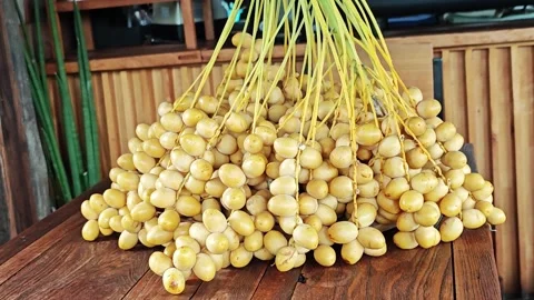 Fresh Yellow Date Palm Bunch Hanging Vertically Over Wooden Table. Stock Footage 340487968