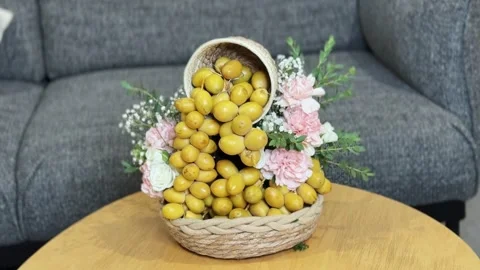 Fresh Yellow Dates Basket With Floral Arrangement Stock Footage 344548356