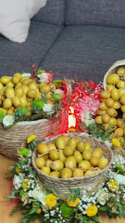 Fresh Yellow Dates In Floral Decorated Wicker Baskets Stock Footage 344085428