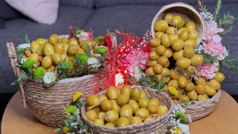 Fresh Yellow Dates In Floral Wicker Baskets Stock Footage 344085420