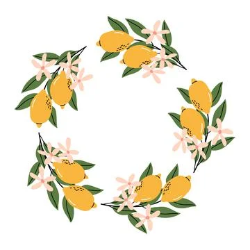 Fresh yellow lemon branches round wreath frame isolated on white background Stock Illustration