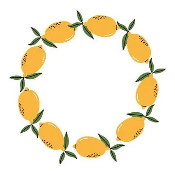 Fresh yellow lemon fruit round wreath frame isolated on white background Stock Illustration