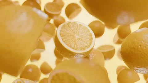 Fresh yellow lemon halves falling and floating in the air Stock Footage 329562169