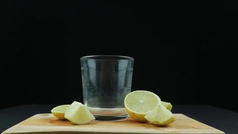 Fresh yellow lemon lime fruit with slices on wood cutting board on black ba.. Stock Photos
