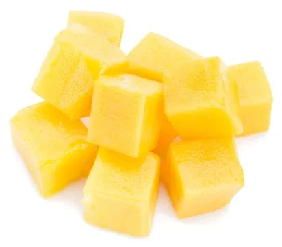 Fresh yellow mango chunks on white background Stock Photos