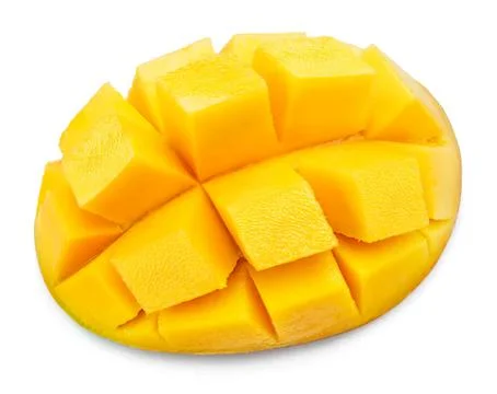 Fresh yellow mango sliced into cubes on white background Stock Photos