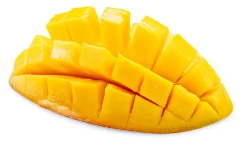 Fresh yellow mango sliced in a half with cubes Stock Photos