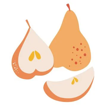 Fresh yellow pear cross section, half and whole exotic delicious fruit with s Stock Illustration