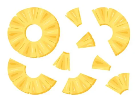 Fresh yellow Pineapple chunks, ring, pieces slice icon set. Stock Illustration