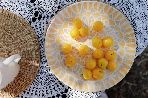 Fresh yellow plums on patterned plate at summer picnic Stock Photos