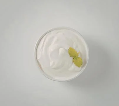 Fresh yogurt with mint leaf garnish in bowl Stock Photos