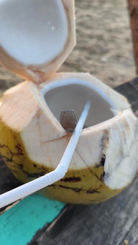 Fresh Young Coconut with Straw on Sandy Tropical Beach Stock Footage 340382223