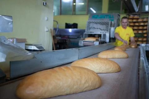 Freshly backed bread ready to be packed Stock Photos
