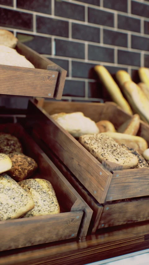 Freshly baked artisan bread displayed in rustic wooden crates at bakery Stock Footage 313616901