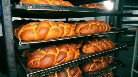 Freshly baked braided bread. Bakery products baked in the bakery are cooled on Video stock 248628986