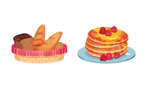 Freshly baked bread and stack of pancakes with berries cartoon vector 库存插图