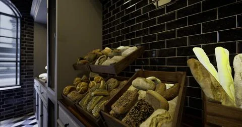 Freshly baked bread assortment displayed in modern bakery setting Stock Illustration