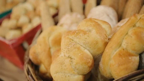Freshly baked bread basket Stock Footage 86737081