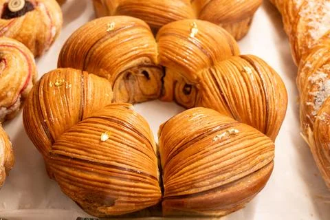 Freshly baked bread buns with crispy golden crust from sourdough, authentic.. Stock Photos