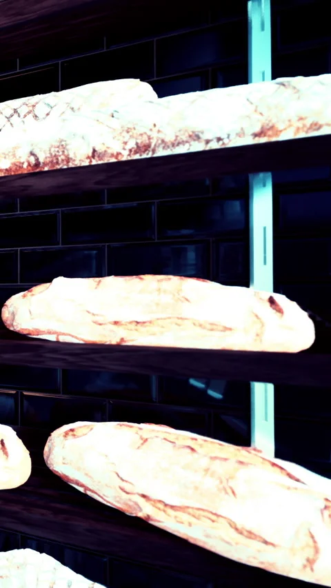 Freshly baked bread on display in a bakery during busy morning hours Stock Footage 340646121