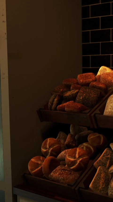 Freshly baked bread on display in a bakery during the morning hours Stock Footage 342193402