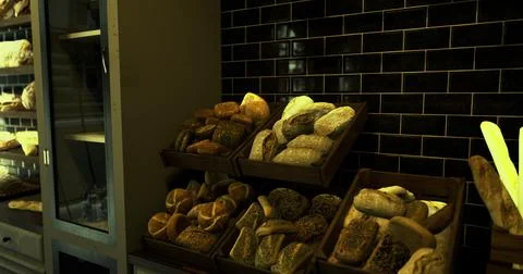 Freshly baked bread displayed in a cozy bakery during morning hours Stock Illustration