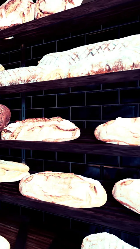 Freshly baked bread displayed on shelves at a bakery in the morning Stock Footage 340645458