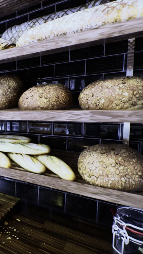 Freshly baked bread displayed on wooden shelves in a bakery Stock Footage 334889008