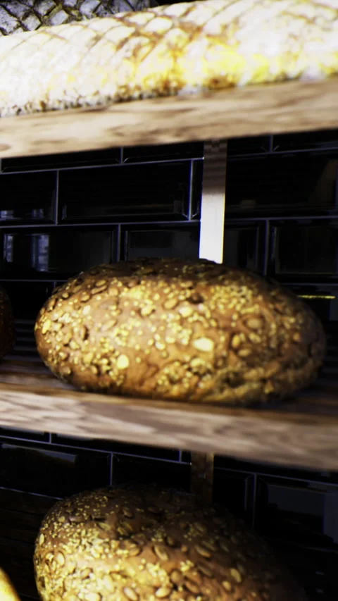 Freshly baked bread is displayed on wooden shelves in a kitchen area Stock Footage 334889082