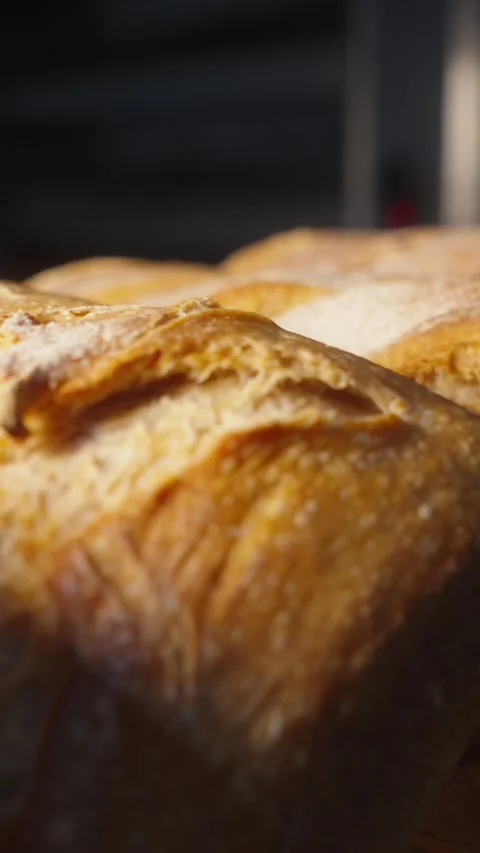 Freshly Baked Bread Loaves on Bakery Rack, Detailed Tracking Shot Stock Footage 345593175