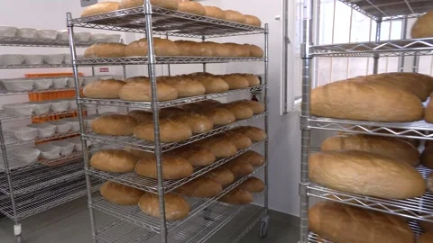 Freshly Baked Bread Loaves Cooling on Bakery Racks 库存影片 346473318