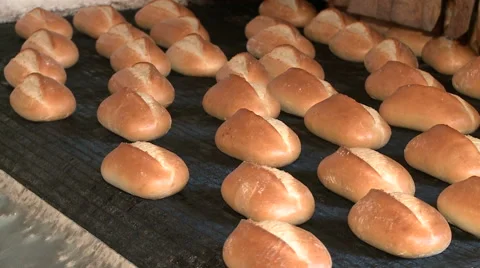 Freshly baked bread moving along the conveyor Stock Footage 68189073