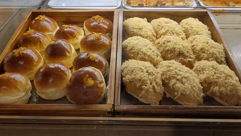 Freshly Baked Bread Rolls Display In Bakery Store Stock Footage 237909343
