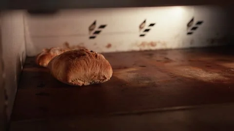 Freshly baked bread rolls resting on a baking tray inside an oven, showcasing Stock Footage 331755415