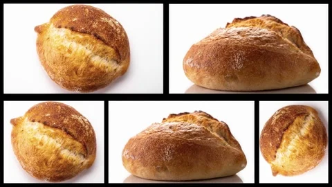 Freshly baked bread rotates on a white background, collage. Stock Footage 148217987