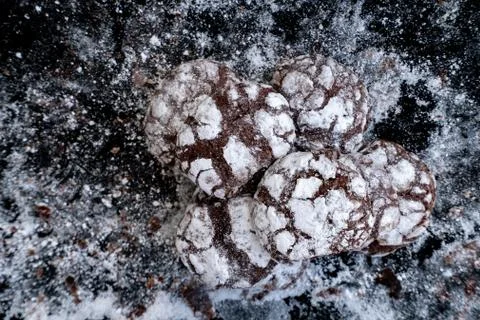 Freshly baked chocolate cookies at baking sheet. View from above. Cookies Stock Photos