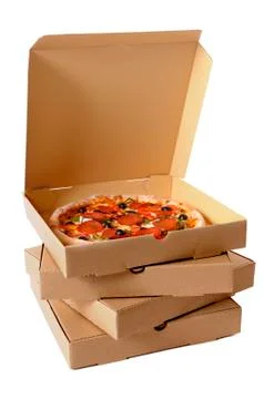 Freshly baked Pizza with stack of delivery boxes Stock Photos