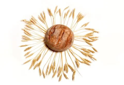 Freshly baked round bread surrounded by golden wheat stalks on a white back.. Stock Photos