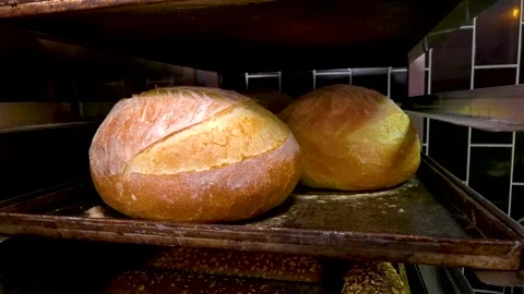 Freshly baked round white bread from the oven. Bakery work. Stock Footage 275346339