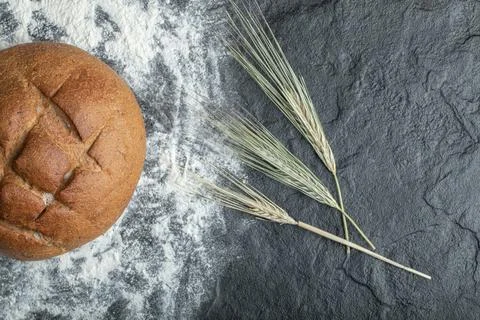 Freshly baked rye bread with wheat branch Stock Photos