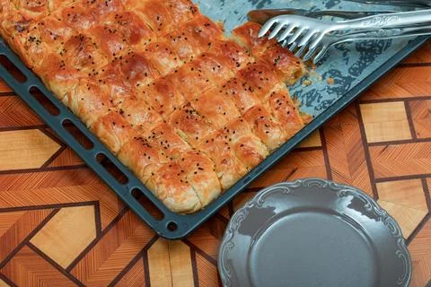 Freshly Baked Turkish Borek in Oven Tray Stock Photos