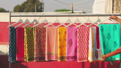 Freshly Block Printed Linens in Sunlight, Close-Up 4K Video Stock Footage 320930562