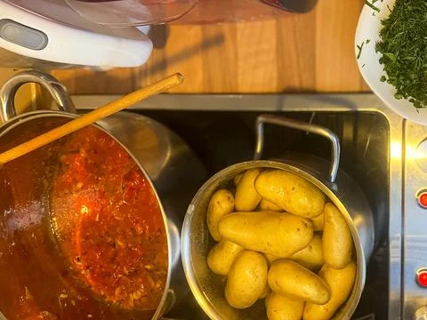 Freshly Boiled Potatoes in Cooking Process Stock Photos