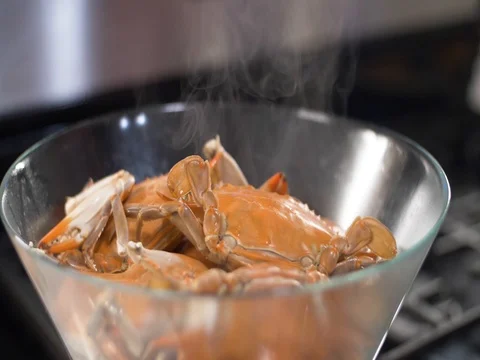Freshly boiled red crabs steaming on a stove Vídeo Stock 81689653
