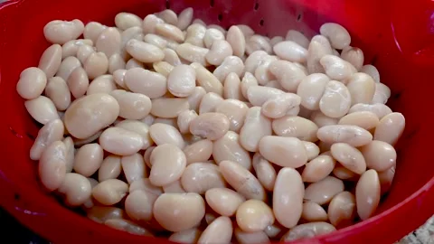 Freshly boiled steaming beans in a colander. 4K footage. Stock Footage 252396630